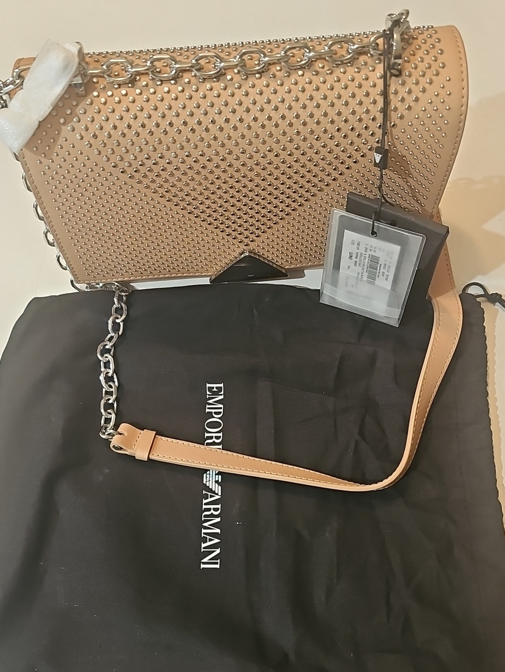 NWT Emporio Armani Nude Studded Leather Flap Shoulder Bag Y3E123